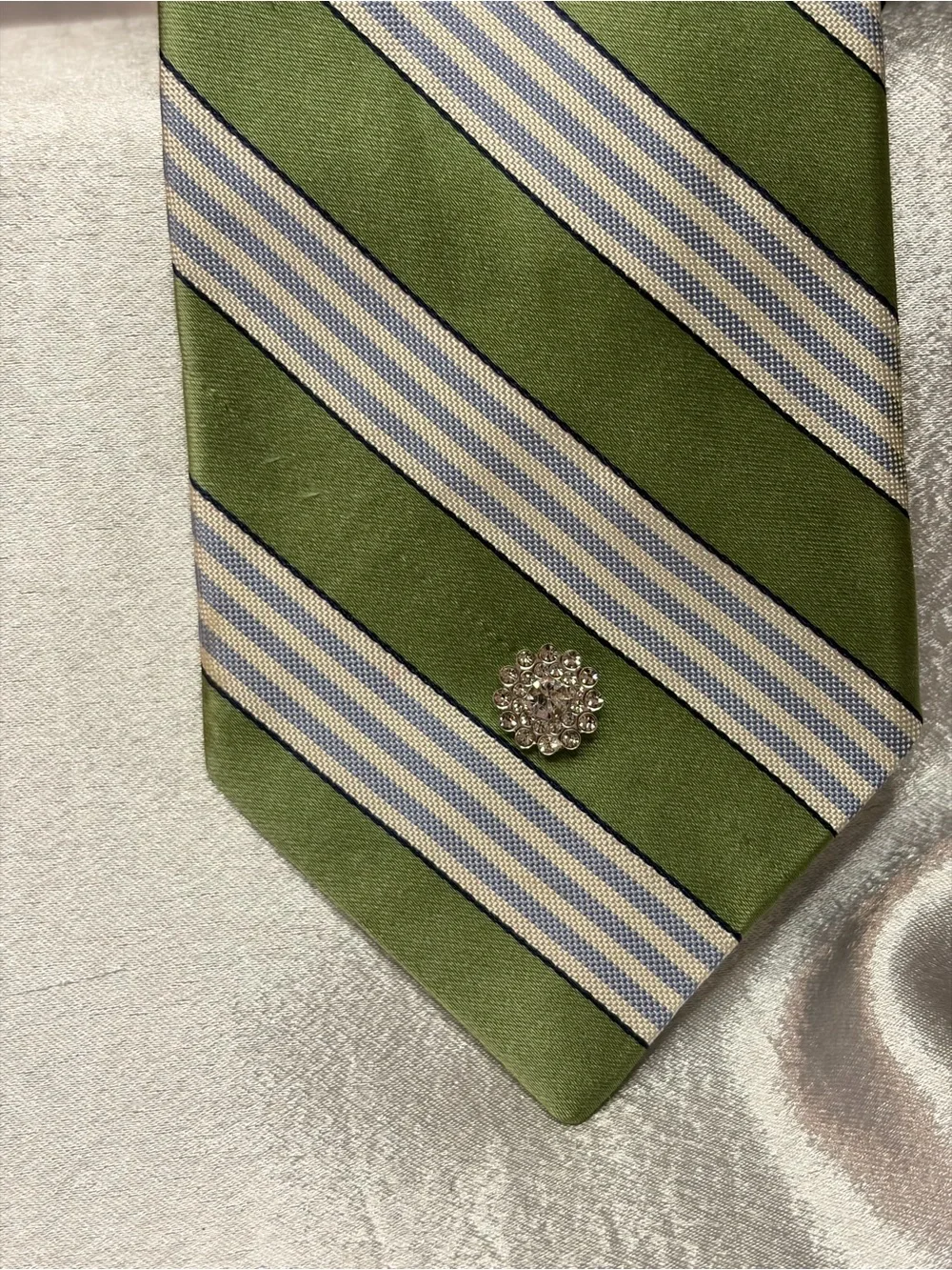 Tommy Hilfiger Green and Light Gray Striped Silk Scarf Tie Accent